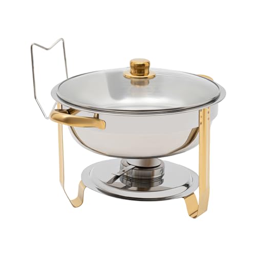 Chafing Dish 5L Runder Edelstahl Warmhaltebehälter ø302x(H) 225mm Speisenwärmer mit Glasdeckel für Catering Buffet Party (Gold) von DCSYOG