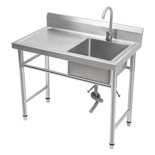 Freistehende Edelstahl Spültisch Gastro 1 Becken (Rechts), 100 x 60 x 93 cm Gewerbliche Spülbecken mit Wasserhahn und Werkbank, Multifunktionswaschtisch für Außen/Innen/Küche von DCSYOG