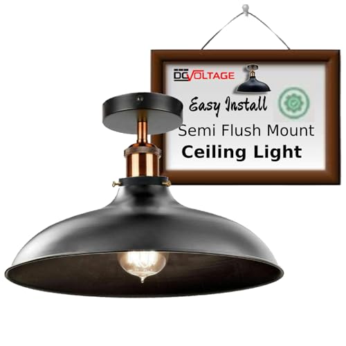 Vintage Retro Industrial Halbbündige Deckenleuchte LED-Lampenbefestigung Küchenleuchte Decke Metall Großer rustikaler Lampenschirm Hängelampenschirm passend für Schlafzimmer Bauernhaus (Schwarz) von DC VOLTAGE