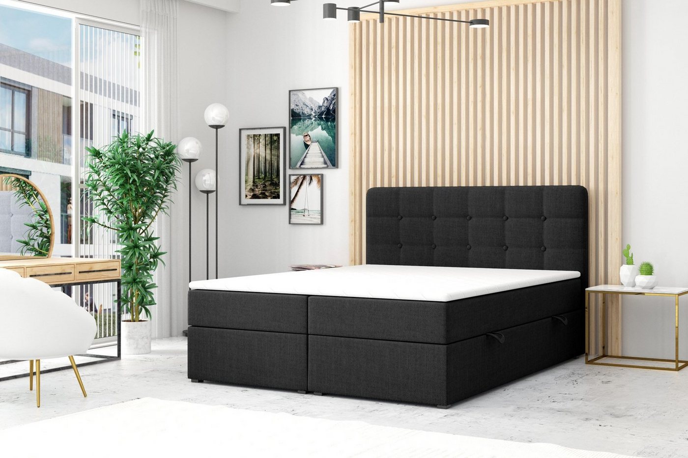 DD-COLLECTION Boxspringbett Paris Grau Schwarz (180 x 200 cm), mit Bettkasten, Chesterfield-Optik, inkl. Topper von DD-COLLECTION