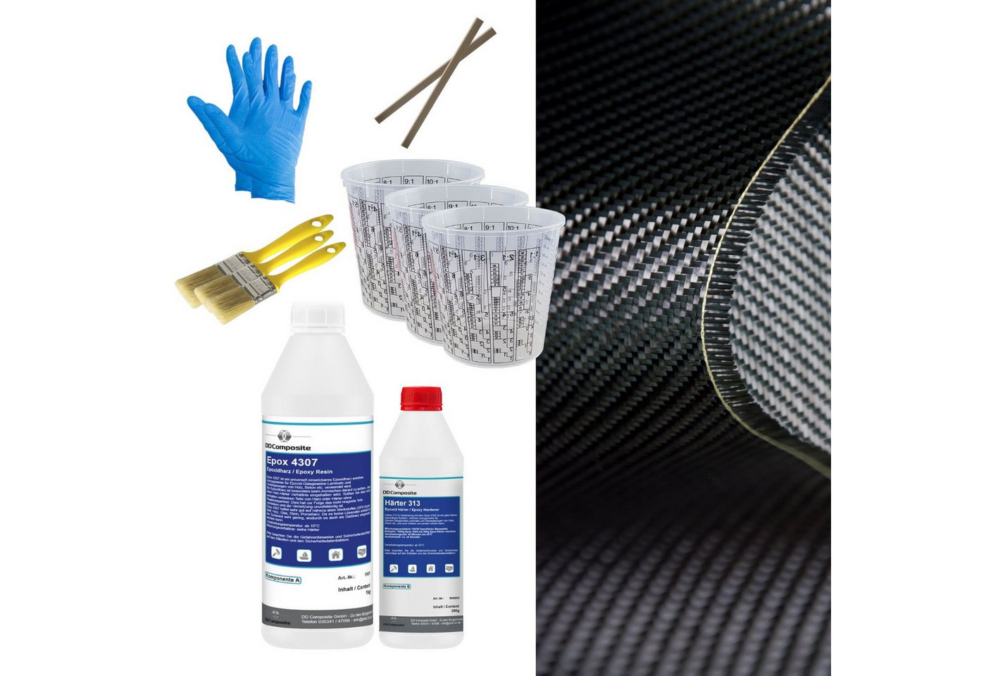DD Composite Reparatur-Set Carbon Komplett-Set 1,5m² Köper, Carbongewebe mit Epoxidharz von DD Composite