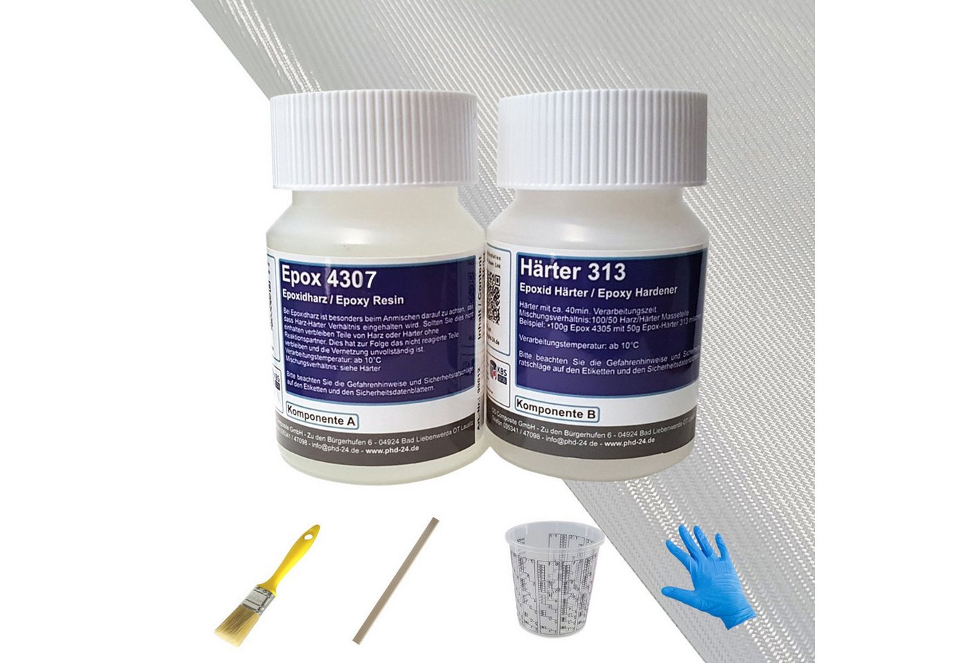 DD Composite Reparatur-Set kleines Epoxi Reparaturset, Epoxidharz-Set, 7-St., Epoxidharz Härter Glasgewebe Mischbecher Rührstab Pinsel Handschuhe, für kleine Reparaturen von Rissen, Kratzern, undichten Stellen von DD Composite