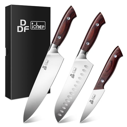 DDF iohEF Messerset 3-tlg, Küchenmesser set Professionelles Scharfes Kochmesserset aus Edelstahl mit Ergonomischem Griff Inklusive Kochmesser, Santokumesser & Schälmesser von DDF iohEF