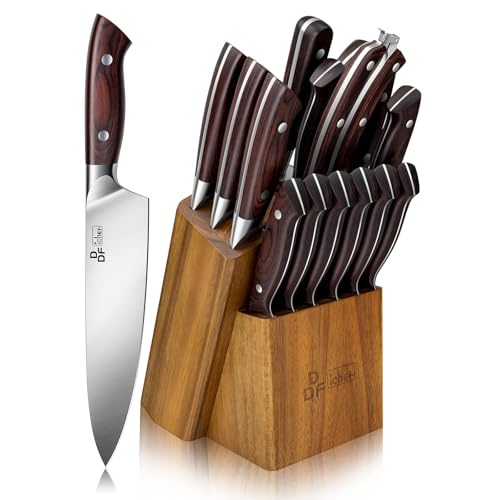 DDF iohEF Messerblock mit Messerset 16-TLG Messer Set Küchenmesser Scharfes Japanische Rostfreiem Stahl Profi Kochenmesser Set mit Holzblock Braun von DDF iohEF