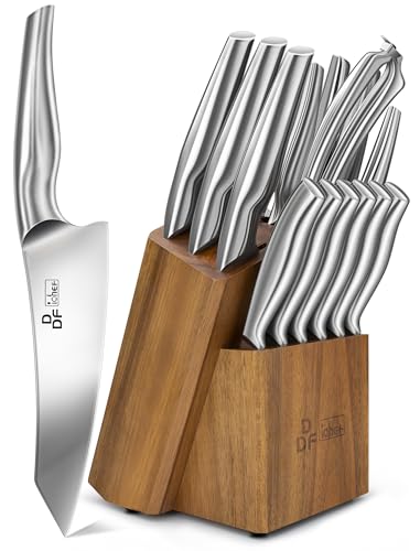 DDF iohEF Messerblock Set, 16-TLG Unibody Silber Messerset mit Holzblock, Japanischer Edelstahl Küchenmesserset, Profi kochmesser Set von DDF iohEF