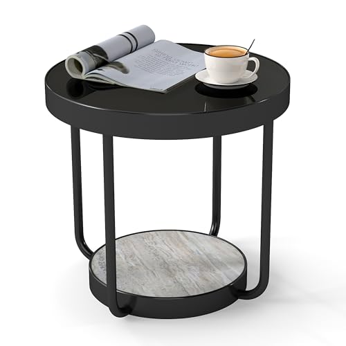 DDK Beistelltisch mit 2 Ebenen, rund, schwarz, mit Metallgestell und Ablagefach, für Wohnzimmer oder Schlafzimmer DDK Beistelltisch mit 2 Ebenen, rund, schwarz, mit Metallgestell und Ablagefach, für Wohnzimmer oder Schlafzimmer von DDK