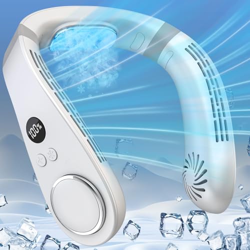 Hals Ventilator mit Kühlung, Rotorloser Nackenventilator USB C Akku,Tragbarer Halsventilatoren mit Klimaanlage, 5500mah Portable Neck Fan Cooler Geschenke für Frauen Männer Mädchen Junge Weiß von DDKJ