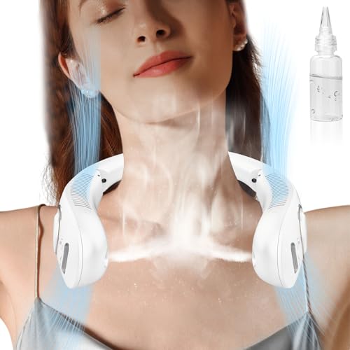 Nackenventilator mit Sprühnebel, Klappbar Hals Ventilator mit Kühlung, Portable Neck Fan Cooling Battery, Lautloser Mini Ventilator für den Hals mit Wassernebel, Bladeless Kopf Ventilator Leise Weiß von DDKJ