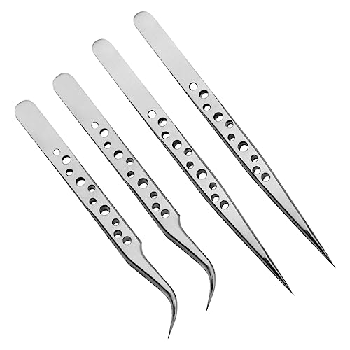 DDKY 4 Stück 10 Löcher Pinzetten Set,Tweezers,Anti-Statik-Edelstahl Edelstahl Präzise Pinzette 2 gerade 2 gebogen für Reparatur Werkzeug für Elektronik, Schmuckherstellung, Industrie, Grip Silber von DDKY