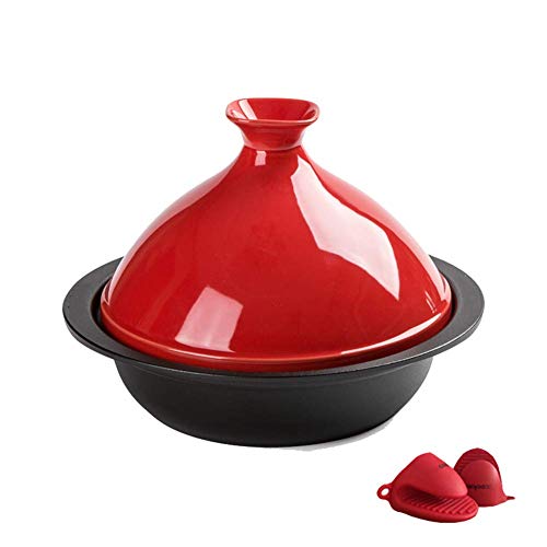 Bleifreier Koch-Tajine für zu Hause, 24 cm, 1,5 l, emaillierter Tajine aus Gusseisen mit Keramikdeckel für verschiedene Kochstile, mit allen Herdarten kompatibel, Pink (Rot) von DDKYHU