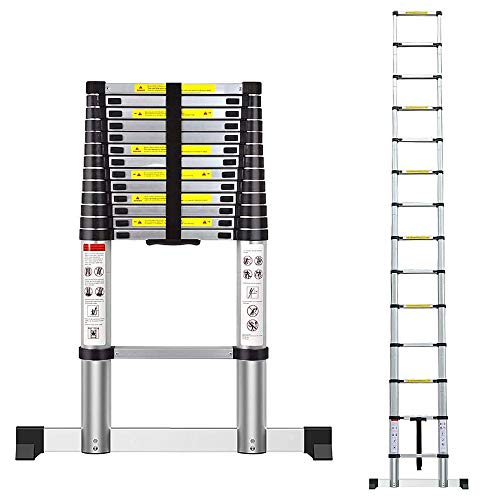 Teleskopleiter, Mehrzweckleiter Aluminium, Alu-Teleskopleiter Rutschfester Sicher Aluleiter, Ausziehbar Aluleiter mit Handschuhen, Ausziehbare Leiter für Dachboden/Kletterdach/Büronutzung (4,1M) von DDMINE