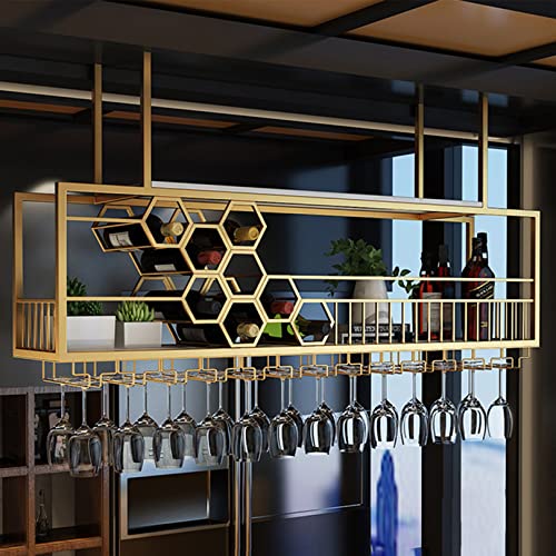 DDNGEJ Goldenes Weinregal zur Deckenmontage mit Glashalter – Stilvolles Spirituosenregal und hängendes Präsentationsregal für die Hausbar, das Esszimmer, die Küche – Weinregal Gold von DDNGEJ