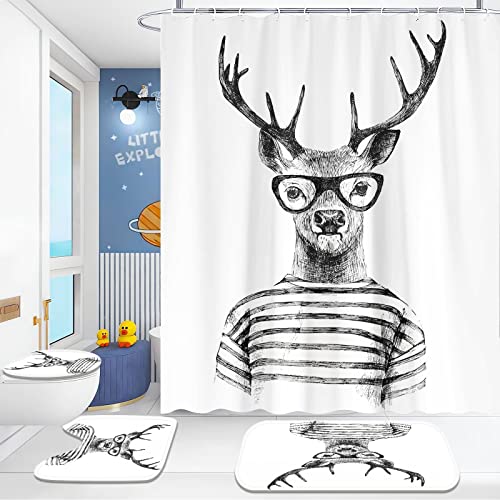 DDONVG Hirsch Duschvorhang 180x200 180x180 Rentier-Kopf-menschlicher Hipster Badezimmerteppich 4-teiliges Set Shower Curtains Mit 12 Haken (180x200cm,8) von DDONVG