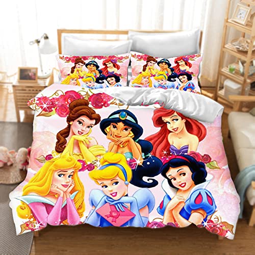 DDONVG Prinzessin Bettwäsche Set 3D-Digitaldruck Mikrofaser Bettbezug Anime Ariel Bella Aschenputtel Rapunzel Prinzessin Für Mädchen Kinder (6,135 X 200 cm 50 x 75 x 1) von DDONVG