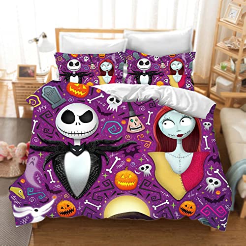 DDONVG The Nightmare Before Christmas Bettwäsche Set Halloween Totenkopf Bettbezug 3 Teilig Mikrofaser Weich Mit Reißverschluss Und Kissenbezug (14,200 X 200 cm 50 x 75 x 2) von DDONVG