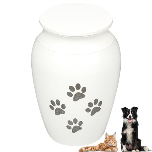 DDOXX Elegante Haustierurne - Minigroße Urne für Asche - Andenken für Hunde, Katzen, Hamster - Tragbar und Wasserdicht - Elegantes Design in Weiß mit Gravierten Pfotenabdrücken - für Kleine Haustier von DDOXX