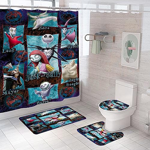 DDQTOUCH 4-teiliges Badezimmer-Set Nightmare Before Christmas, Halloween, Kürbis, Jack, Skellington und Sally, Duschvorhang, Weihnachten, Badezimmer-Dekor-Set mit 12 Haken (Farbe-9) von DDQTOUCH