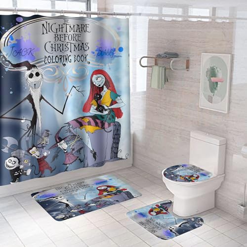 DDQTOUCH Nightmare Before Christmas Badezimmer-Set mit Duschvorhang und Teppichen, Halloween-Jack-Skellington und Sally Badezimmer-Duschvorhang-Set mit 12 Haken, Farbe 28, 4-teilig von DDQTOUCH