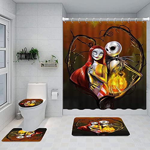 DDQTOUCH 4-teiliges Nightmare Before Christmas Duschvorhang-Set mit Teppichen, Halloween-Badezimmer-Dekor-Sets, Jack Skellington und Sally Badezimmer-Vorhänge, Duschset mit 12 Haken, Farbe 25 von DDQTOUCH