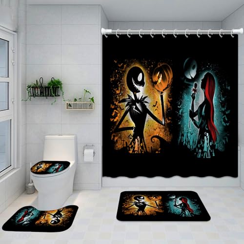 DDQTOUCH Badezimmer-Duschvorhang-Set, Motiv: Nightmare Before Halloween, Kürbis, König, Jack, Skellington, Cartoon-Duschvorhang, wasserdicht, für Badezimmerdekoration mit 12 Haken, 4 Stück (Farbe 19) von DDQTOUCH