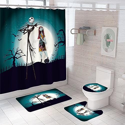 DDQTOUCH Halloween-Duschvorhang-Set mit Zombiebraut, bedruckt, für Badezimmer-Dekoration, 4-teilig, rutschfeste Teppiche, WC-Deckelbezug und Badematte, wasserdichte Duschvorhänge, 180x180 cm, Farbe 2 von DDQTOUCH
