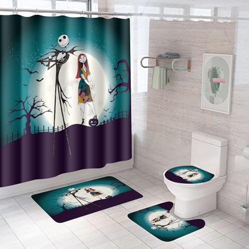 DDQTOUCH Nightmare Before Christmas Badezimmer-Set mit Duschvorhang und Teppichen, Halloween-Jack-Skellington und Sally Badezimmer-Duschvorhang-Set mit 12 Haken, 4-teilig (Farbe 2) von DDQTOUCH