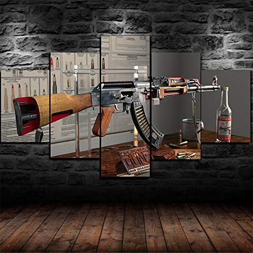 Bilder 100X55 cm Vlies Leinwandbild 5 Teilig Kunstdruck Modern Wandbilder XXL Wanddekoration Design Wand Bild Geschenk 5 Stück Wandkunst Das Innere Eines Ak-47 Gewehres Anatomie Malere Kunstwerk von DDSDA