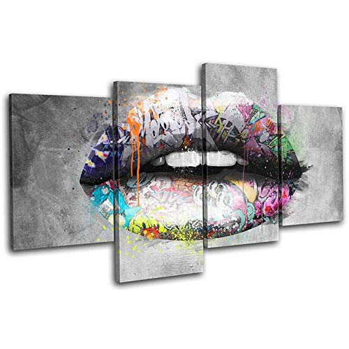 DDSDA 4 Teile Bild Auf Leinwand Leinwandbilder Graffiti Lips Urban Mode Bilder XXL 4 Teile wandbild leinwandbilder Kunstdrucke 4 Teiliges Wandbild Mit Rahmen von DDSDA