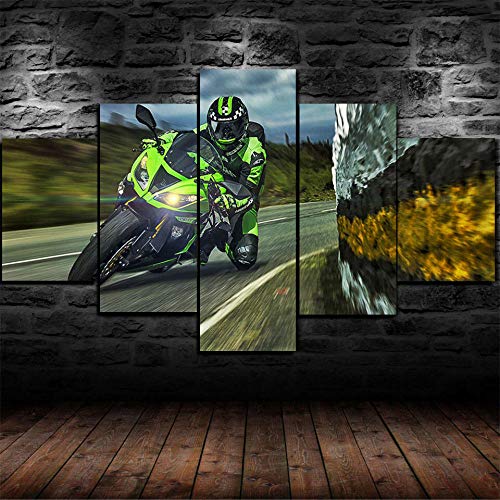 Wandkunst Leinwanddrucke 5 Stück Leinwand Bilder Moderne Wandbilder Xxl Wohnzimmer Wohnkultur Modulare Bilder 5 Teiliges Wandbild Motorrad Kawasaki Ninja Motorrad Moto Gp Poster Malerei Kunstwerk von DDSDA