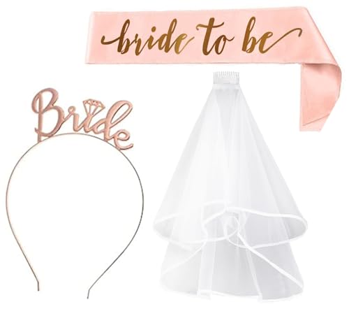 Schärpe und Schleier mit Diadem, Braut-Stirnband für Brautparty, Roségold, Hochzeitsdekoration, Junggesellinnenabschied, Dekoration, Partyspiele, 3 Stück Schärpe und Schleier mit Diadem, Braut-Stirnband für Brautparty, Roségold, Hochzeitsdekoration, Junggesellinnenabschied, Dekoration, Partyspiele, 3 Stück von DDSHUN