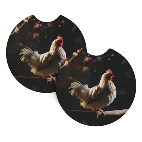 Auto-Getränkehalter-Untersetzer, 2 Stück, rutschfeste Einsatz, Auto-Untersetzer mit Fingerkerbe, saugfähiger Getränkeuntersetzer, Auto-Bechermatte, 6,9 cm, Huhn auf einem Ast, Auto-Innenzubehör Auto-Getränkehalter-Untersetzer, 2 Stück, rutschfeste Einsatz, Auto-Untersetzer mit Fingerkerbe, saugfähiger Getränkeuntersetzer, Auto-Bechermatte, 6,9 cm, Huhn auf einem Ast, Auto-Innenzubehör von DDTKLSNV