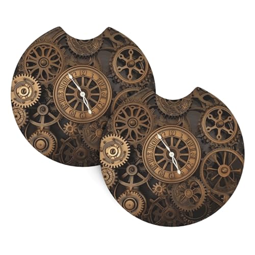 Auto-Getränkehalter-Untersetzer, 2 Stück, rutschfeste Einsatz, Auto-Untersetzer mit Fingerkerbe, saugfähiger Getränkeuntersetzer, Auto-Bechermatte, 6,9 cm, Steampunk-Getriebe, Uhr, Auto-Innenzubehör von DDTKLSNV