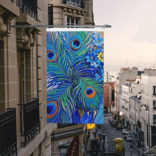 Blume Pfauenfeder Ölgemälde Feder blaue Flagge 90 x 152 cm doppelseitig kein Verblassen Willkommensgartenflagge vertikale saisonale Hofflagge mit Messingösen, Outdoor-Banner, Dekoration, individueller von DDTKLSNV