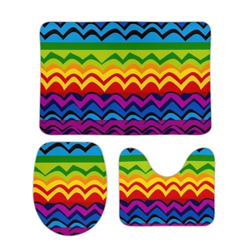 DDTKLSNV 3-teiliges Badematten-Set, rutschfest, saugfähig, Badematte, Konturmatte mit WC-Deckelbezug, Gay Pride, Regenbogenmuster, weiche Bodenmatten für Badezimmer, Küche, Tür, Heimdekoration von DDTKLSNV
