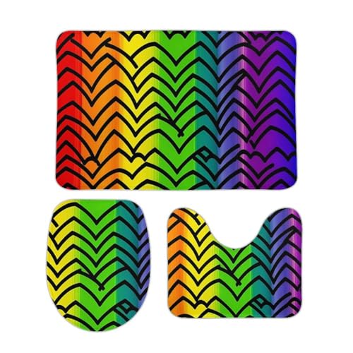 DDTKLSNV 3-teiliges Badematten-Set, rutschfest, saugfähig, Badematte, Konturmatte mit WC-Deckelbezug, Gay Pride, Regenbogenmuster, weiche Bodenmatten für Badezimmer, Küche, Tür, Heimdekoration von DDTKLSNV