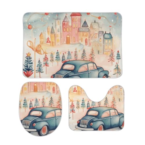 DDTKLSNV 3-teiliges Badteppich-Set, rutschfest, saugfähig, Badematte, Konturmatte mit WC-Deckelbezug, Autos in Kleinstadt, weiche Fußmatten für Badezimmer, Küche, Tür, Heimdekoration von DDTKLSNV