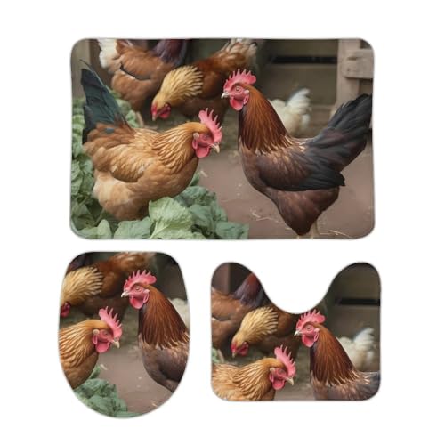 DDTKLSNV 3-teiliges Badteppich-Set, rutschfest, saugfähig, Badematte, Konturmatte mit WC-Deckelbezug, Bauernhof-Hühner, weiche Bodenmatten für Badezimmer, Küche, Tür, Heimdekoration von DDTKLSNV