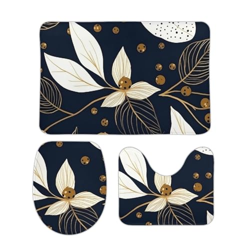 DDTKLSNV 3-teiliges Badteppich-Set, rutschfest, saugfähig, Badematte, Konturmatte mit WC-Deckelbezug, Blätter und Beeren, weiche Fußmatten für Badezimmer, Küche, Tür, Heimdekoration von DDTKLSNV