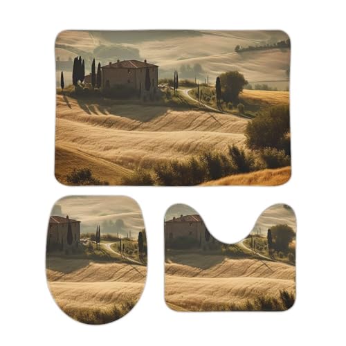 DDTKLSNV 3-teiliges Badteppich-Set, rutschfest, saugfähig, Badematte, Konturmatte mit WC-Deckelbezug, Blick auf typische toskanische Landschaft, weiche Fußmatten für Badezimmer, Küche, Tür von DDTKLSNV
