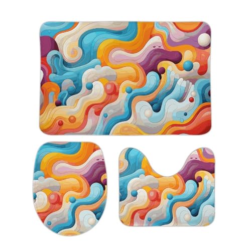 DDTKLSNV 3-teiliges Badteppich-Set, rutschfest, saugfähig, Badematte, Konturmatte mit WC-Deckelbezug, Cartoon-Linien, weiche Fußmatten für Badezimmer, Küche, Tür, Heimdekoration von DDTKLSNV