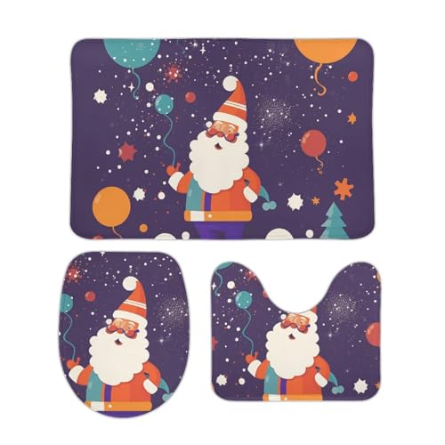 DDTKLSNV 3-teiliges Badteppich-Set, rutschfest, saugfähig, Badematte, Konturmatte mit WC-Deckelbezug, Cartoon-Motiv "Happy Santa Claus", weiche Fußmatten für Badezimmer, Küche, Tür, Heimdekoration von DDTKLSNV