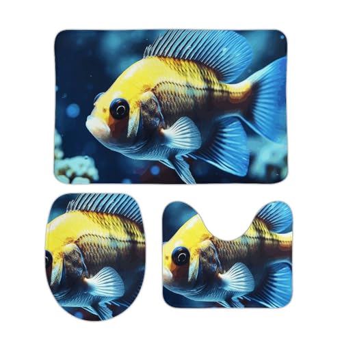 DDTKLSNV 3-teiliges Badteppich-Set, rutschfest, saugfähig, Badematte, Konturmatte mit WC-Deckelbezug, Fischschwimmen, weiche Fußmatten für Badezimmer, Küche, Tür, Heimdekoration von DDTKLSNV