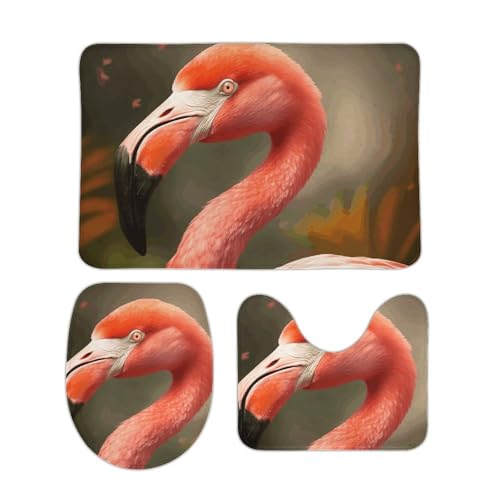 DDTKLSNV 3-teiliges Badteppich-Set, rutschfest, saugfähig, Badematte, Konturmatte mit WC-Deckelbezug, Flamingo, weiche Fußmatten für Badezimmer, Küche, Tür, Heimdekoration von DDTKLSNV