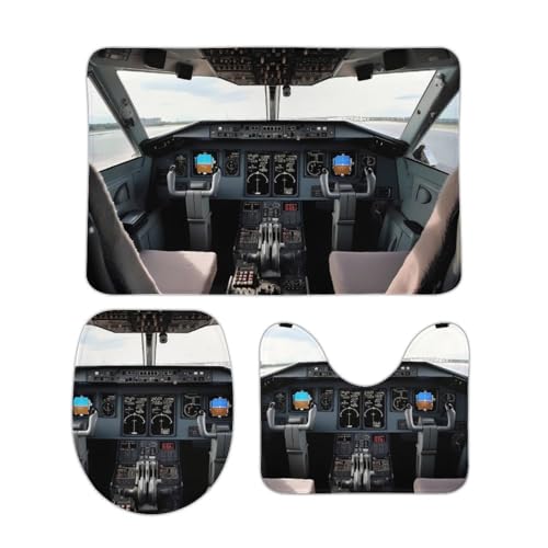 DDTKLSNV 3-teiliges Badteppich-Set, rutschfest, saugfähig, Badematte, Konturmatte mit WC-Deckelbezug, Flugzeug, Cockpit, weiche Bodenmatten für Badezimmer, Küche, Tür, Heimdekoration von DDTKLSNV