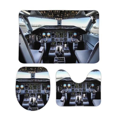 DDTKLSNV 3-teiliges Badteppich-Set, rutschfest, saugfähig, Badematte, Konturmatte mit WC-Deckelbezug, Flugzeug, Cockpit, weiche Bodenmatten für Badezimmer, Küche, Tür, Heimdekoration von DDTKLSNV