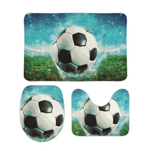 DDTKLSNV 3-teiliges Badteppich-Set, rutschfest, saugfähig, Badematte, Konturmatte mit WC-Deckelbezug, Fußball-Hintergrund, weiche Fußmatten für Badezimmer, Küche, Tür, Heimdekoration von DDTKLSNV