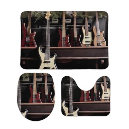 DDTKLSNV 3-teiliges Badteppich-Set, rutschfest, saugfähig, Badematte, Konturmatte mit WC-Deckelbezug, Gitarre, Bass, Musik, Musikinstrumente, weiche Bodenmatten für Badezimmer, Küche, Tür von DDTKLSNV