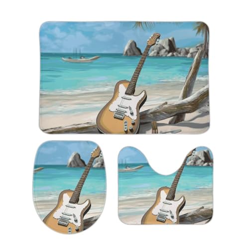 DDTKLSNV 3-teiliges Badteppich-Set, rutschfest, saugfähig, Badematte, Konturmatte mit WC-Deckelbezug, Gitarre am Strand, weiche Fußmatten für Badezimmer, Küche, Tür, Heimdekoration von DDTKLSNV