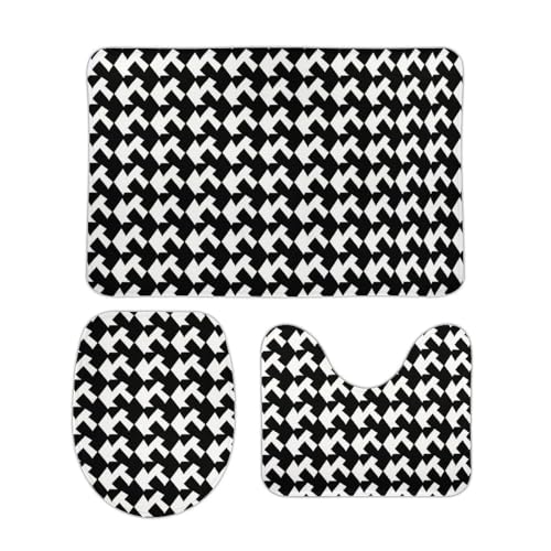 DDTKLSNV 3-teiliges Badteppich-Set, rutschfest, saugfähig, Badematte, Konturmatte mit WC-Deckelbezug, Hahnentrittmuster, schwarz, weiche Fußmatten für Badezimmer, Küche, Tür, Heimdekoration von DDTKLSNV