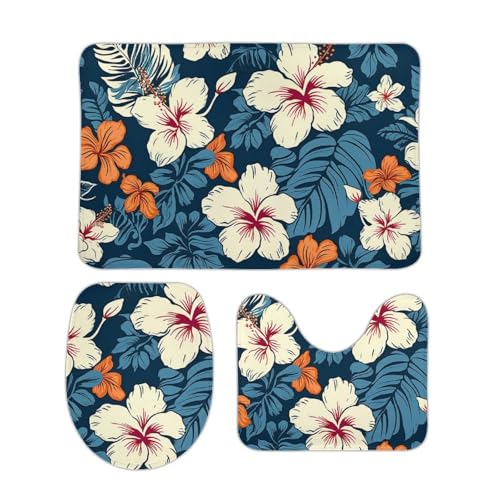 DDTKLSNV 3-teiliges Badteppich-Set, rutschfest, saugfähig, Badematte, Konturmatte mit WC-Deckelbezug, Hawaii-Blume, weiche Bodenmatten für Badezimmer, Küche, Tür, Heimdekoration von DDTKLSNV